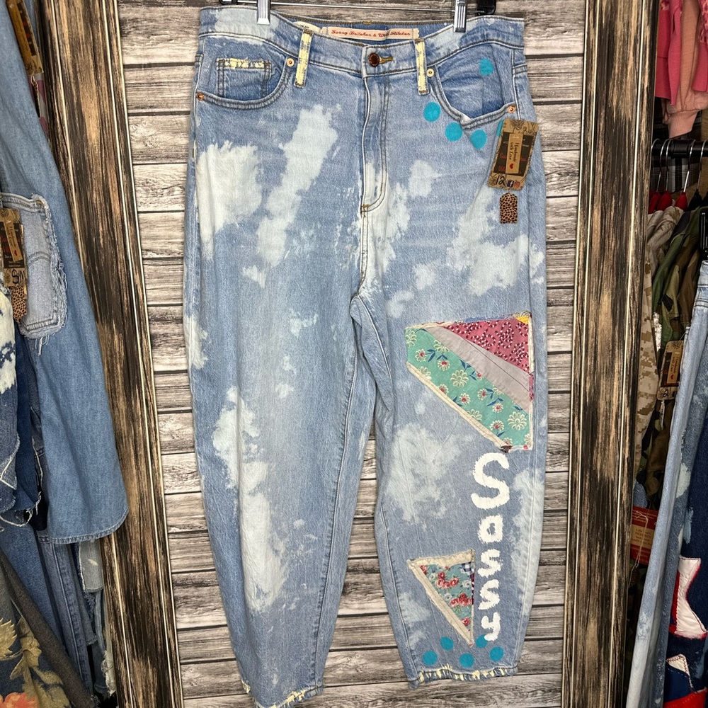 Artisan Handmade UpCycled Balloon Barrel Denim Jeans Vintage Quilt Handpainted